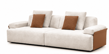 A modern two-piece modular sectional sofa upholstered in light beige fabric, featuring square armrests with brown accent panels and contrasting brown throw pillows. — 3D model