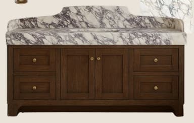 A freestanding bathroom vanity with a marble countertop and a wooden base. The countertop is white with dark purple veining and features an integrated sink. The base has a dark wood finish, with two cabinet doors in the center and four drawers on the sides. The hardware consists of small, round, gold-toned pulls. — 3D model