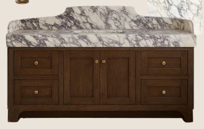 A freestanding bathroom vanity with a marble countertop and a wooden base. The countertop is white with dark purple veining and features an integrated sink. The base has a dark wood finish, with two cabinet doors in the center and four drawers on the sides. The hardware consists of small, round, gold-toned pulls. — 3D model