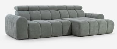 A modular sectional sofa with a modern design. It features a channel-tufted upholstery with rounded edges on the arms and base. The backrests are composed of individual, horizontally segmented cushions, and the headrests are separate, cylindrical cushions that can be adjusted. The sectional configuration includes an L-shaped chaise lounge. — 3D model
