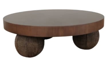 A contemporary low-profile coffee table featuring a circular dark wood top and three textured, spherical dark brown legs. The design is minimalist and organic, emphasizing the distinct leg structure. — 3D model