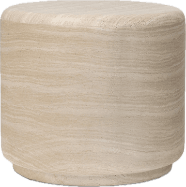 A cylindrical side table crafted entirely from natural travertine stone, showcasing its characteristic porous texture and layered veining in light beige and cream tones. The design features a flat, circular top and a slightly recessed circular base, creating a solid, monolithic appearance. — 3D model