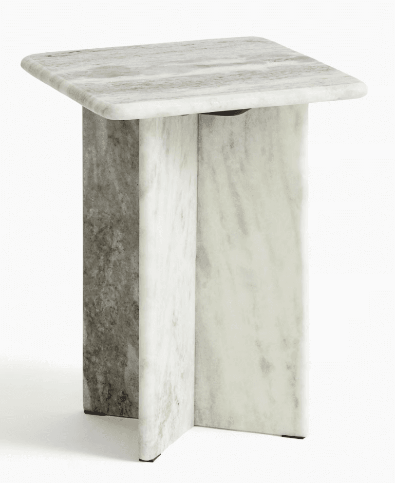 A contemporary accent table constructed entirely from natural marble, featuring a rectangular top with rounded corners and a base formed by two intersecting rectangular marble panels. The marble exhibits varied white, grey, and cream veining, with one base panel appearing darker than the other. — 3D model