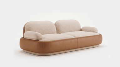 A contemporary two-seater loveseat featuring a dual-material design. The upper seating area, including the back cushions, seat cushions, and armrests, is upholstered in a light cream-colored, textured bouclé fabric, offering a soft and inviting appearance. The back and seat cushions are distinct, plump, and rounded. The lower perimeter of the sofa is encased in a smooth, curved tan-brown leather or faux leather panel, which provides a contrasting texture and color. This leather section is subtly elevated by a thin, light-toned wooden plinth base that forms the lowest part of the furniture piece, completing its minimalist and elegant aesthetic. — 3D model