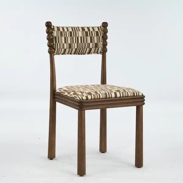 A wooden dining chair featuring turned wood spindle elements on the backrest and upholstered seat and backrest in a brown and beige geometric patterned fabric. The chair has a medium-dark wood finish and straight, subtly tapered legs. — 3D model