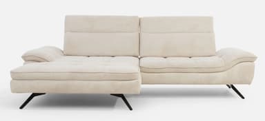 A contemporary sectional sofa with a chaise lounge extension. The sofa features plush, upholstered cushions with a textured fabric. The back cushions have horizontal stitching, and the seat cushions have a tufted grid pattern. It is supported by slender, angled black metal legs. — 3D model