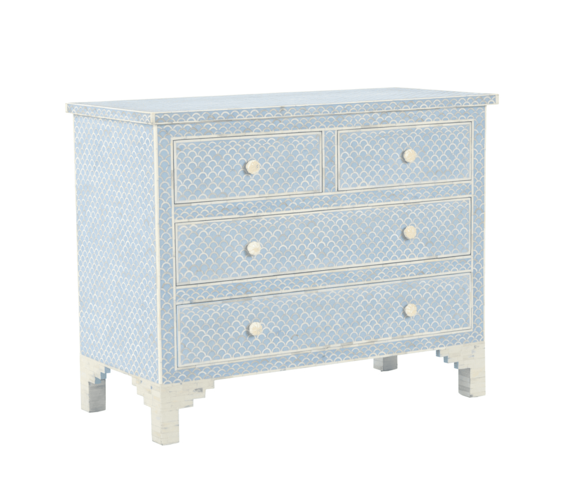 A light blue bone inlay chest of drawers featuring a repeating scallop or fish scale pattern. The chest has two smaller drawers at the top and two larger drawers below, each fitted with a circular, matching bone pull. The entire piece, including the top, sides, drawer fronts, and short block legs, is adorned with the intricate inlay pattern. — 3D model