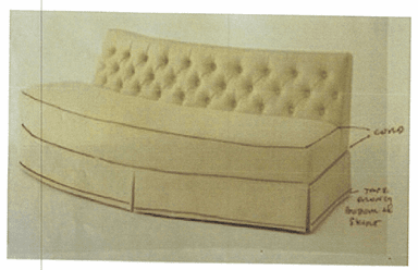 A curved tufted sofa with a pleated skirt and red piping along the cushion and skirt edges. — 3D model