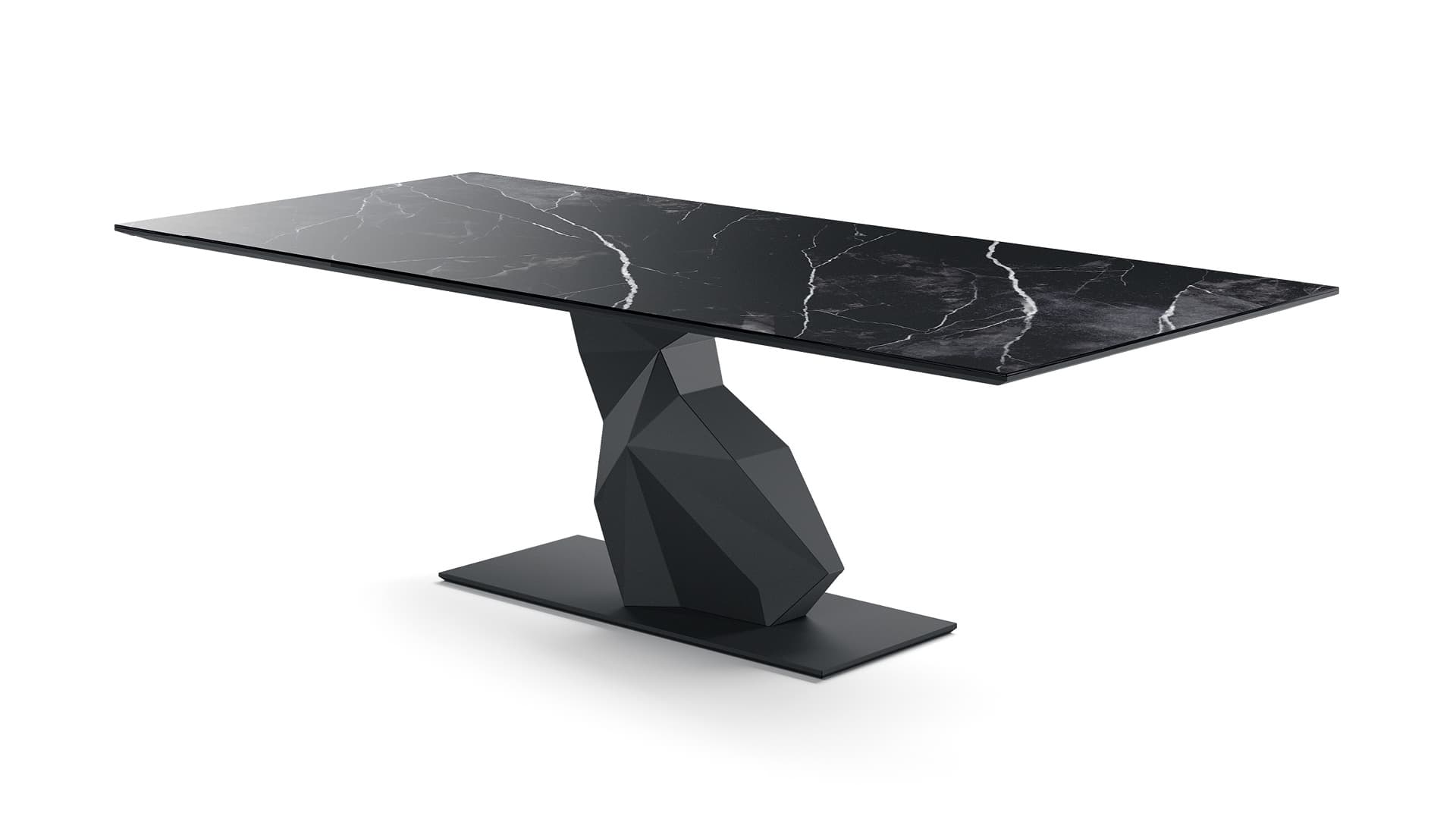 A rectangular dining table with a dark marble-patterned top and a sculptural, faceted black base. The base is attached to a flat rectangular pedestal. — 3D model