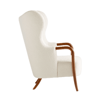 A high-backed wingback armchair upholstered in a textured boucle fabric, featuring exposed curved wooden armrests and tapered wooden legs. — 3D model