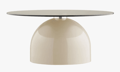 A compact, low-profile table featuring a circular top and a distinctive dome-shaped pedestal base, all rendered in a smooth, glossy cream finish. The design is minimalist and sculptural. — 3D model