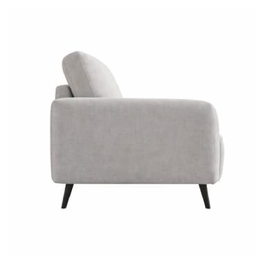 A modern two-seater sofa upholstered in a light gray fabric, featuring clean lines and a minimalist design. It has two separate seat cushions and two back cushions, all appearing plump. The arms are gently rounded track arms, and the sofa is supported by slender, tapered black legs. — 3D model