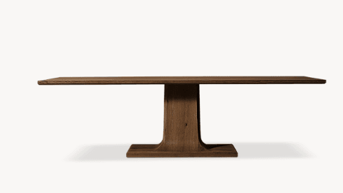 A rectangular dining table crafted from dark-toned solid wood, featuring a thick, flat tabletop and a substantial, sculptural pedestal base. The base is centrally located, providing ample legroom, and flares slightly at the bottom to a broad, stable foot. The wood exhibits a visible grain pattern, contributing to a natural, robust aesthetic. — 3D model