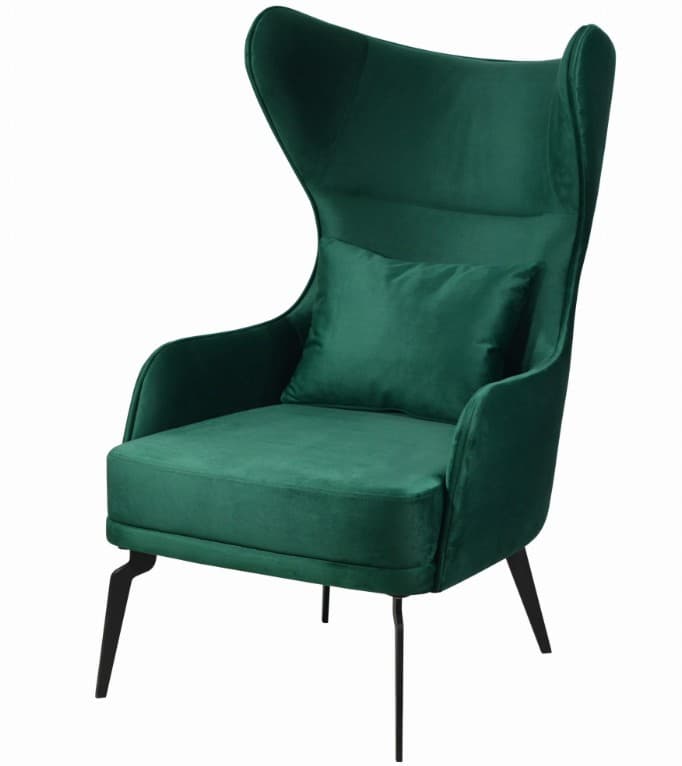 A high-backed armchair upholstered in emerald green velvet. The chair features winged sides and a matching lumbar pillow. It rests on slender, black metal legs that angle outwards. — 3D model