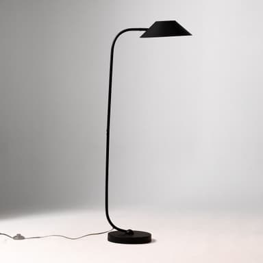 A tall, slender floor lamp with a matte black finish, a curved stem, a conical shade, and a round flat base. — 3D model