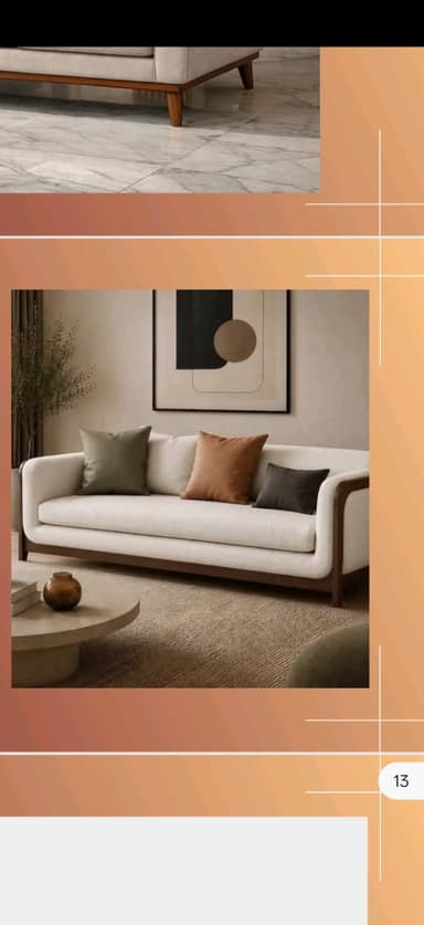 A contemporary three-seater sofa featuring an exposed dark wood frame that outlines its structure, complemented by light-colored fabric upholstery and separate seat and back cushions. The sofa includes three accent pillows in varying earthy tones: olive green, rust, and dark gray. — 3D model