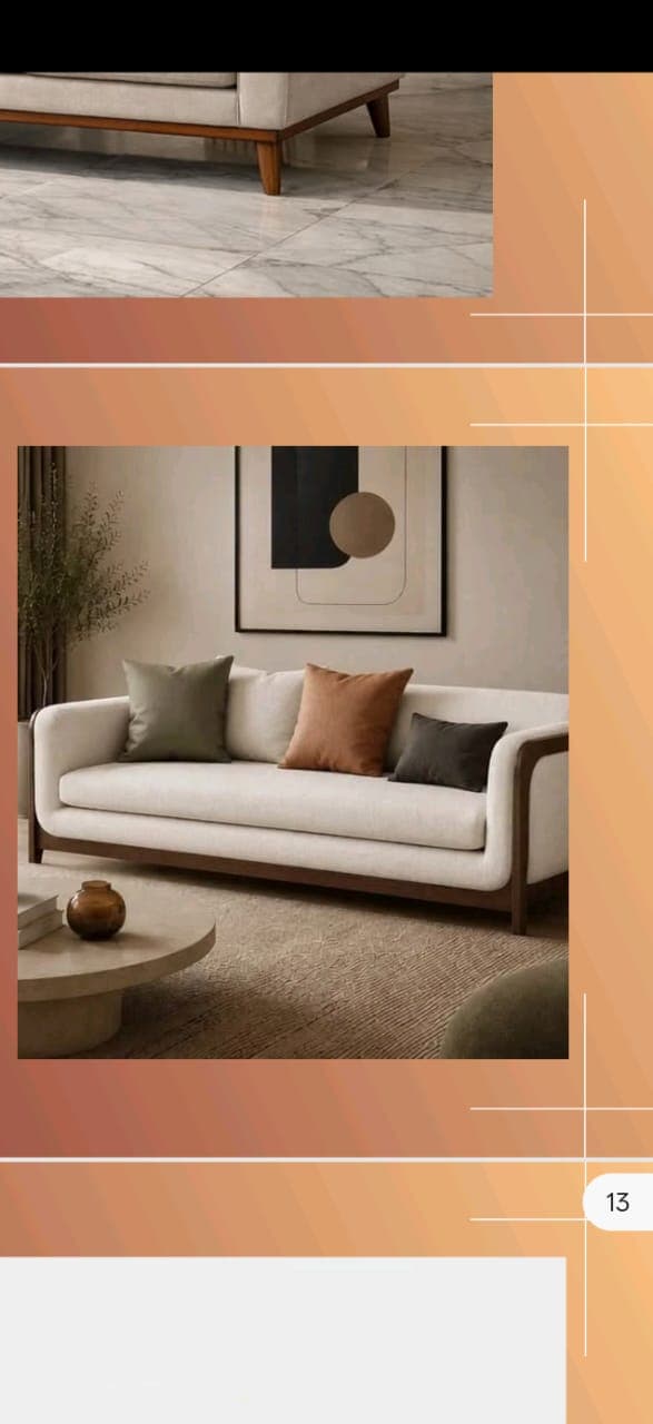 A contemporary three-seater sofa featuring an exposed dark wood frame that outlines its structure, complemented by light-colored fabric upholstery and separate seat and back cushions. The sofa includes three accent pillows in varying earthy tones: olive green, rust, and dark gray. — 3D model