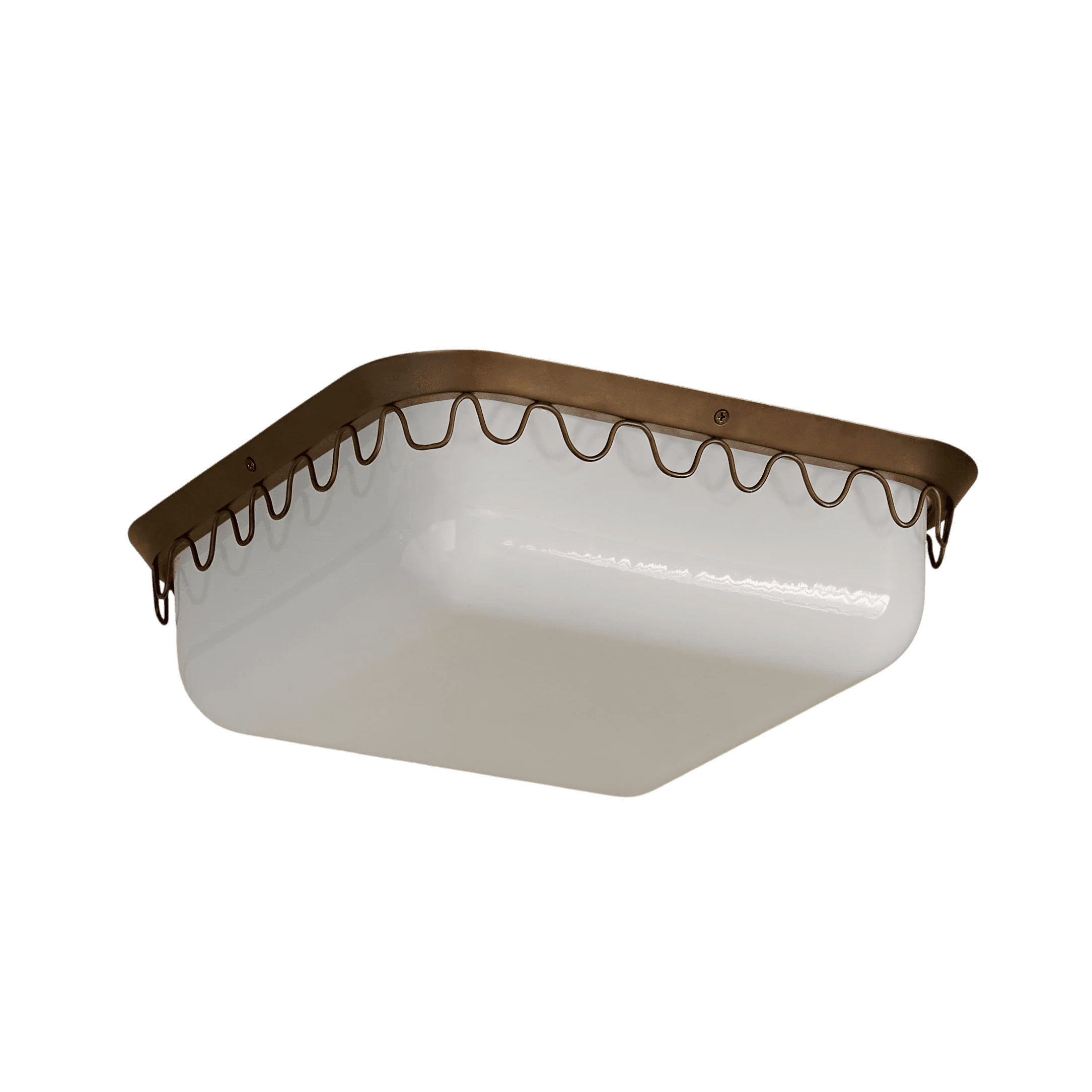 A square flush mount ceiling light fixture featuring a central frosted white glass diffuser encased within a brass-toned metal frame. The frame includes a distinctive decorative wavy or scalloped edge just above the glass. — 3D model