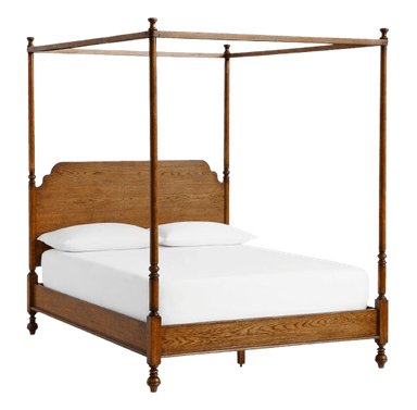 A wooden four-poster bed frame with a rectangular headboard featuring a scalloped top edge and turned posts. The bed includes a mattress and two pillows. — 3D model
