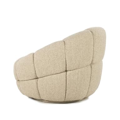 A round, upholstered armchair with a distinctive segmented design. The cushioning is deep and appears plush, creating a rounded, organic form. The upholstery has a textured, boucle-like appearance and is a neutral beige color. The chair seems to be low to the ground and has a substantial, enveloping feel. — 3D model