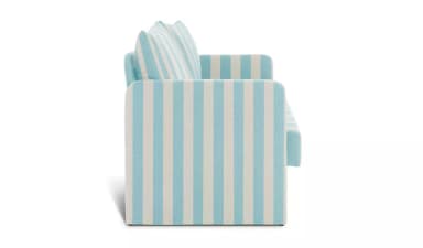A two-seater sofa with a low profile. It features a continuous armrest design that seamlessly integrates with the back and seat. The upholstery is a striped fabric with alternating wide bands of light blue and off-white. Two rectangular back cushions are visible, also upholstered in the same striped fabric. — 3D model
