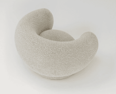 A modern, sculptural armchair upholstered in light-colored boucle fabric. It features a continuous, rounded form that integrates the back and arms, creating an enveloping seat. The chair rests on a recessed circular base, suggesting a swivel mechanism. — 3D model