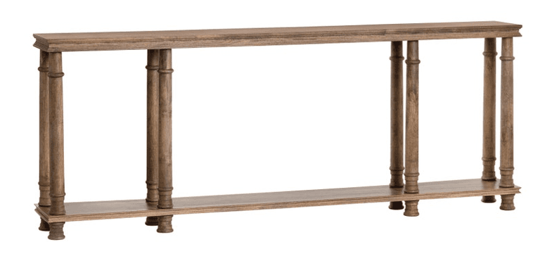 A long, narrow wooden console table featuring a rectangular top surface and a lower shelf, supported by multiple turned legs. The wood has a distressed or natural light brown finish. — 3D model