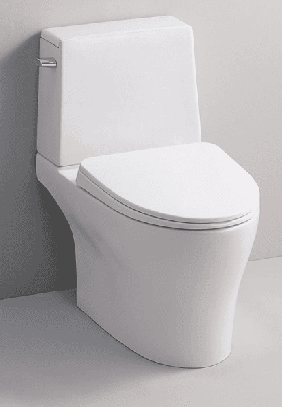 A modern, one-piece toilet with a sleek design. The toilet features a square-shaped seat and lid, and a concealed trapway for easier cleaning. It has a chrome flush lever on the left side of the tank. The base is skirted, providing a clean, seamless look. — 3D model