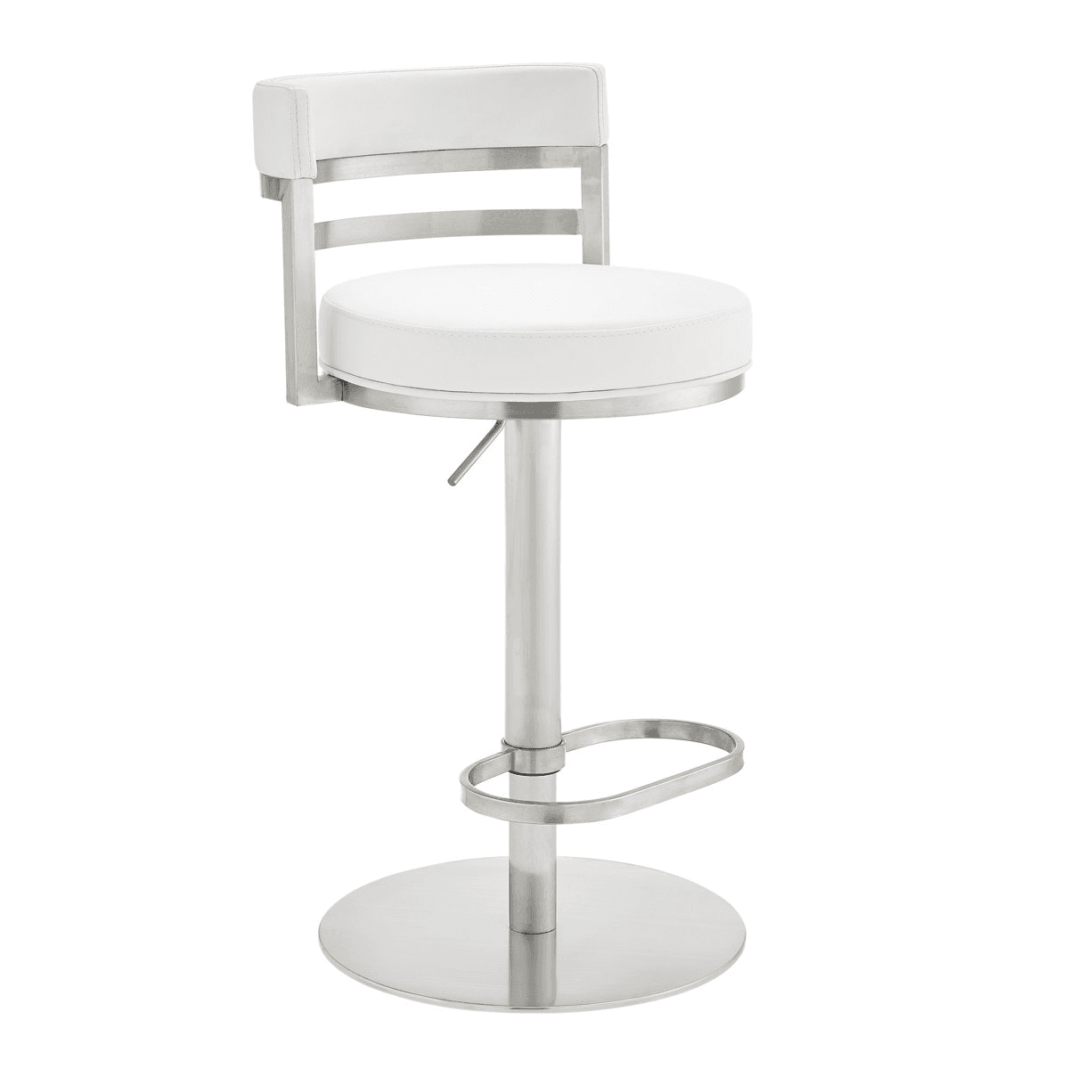 A modern adjustable bar stool featuring a white faux leather upholstered circular seat and low backrest. The frame, central column, footrest, and round disk base are constructed from brushed metal, likely stainless steel. It includes a gas lift mechanism for height adjustment and a 360-degree swivel function. — 3D model