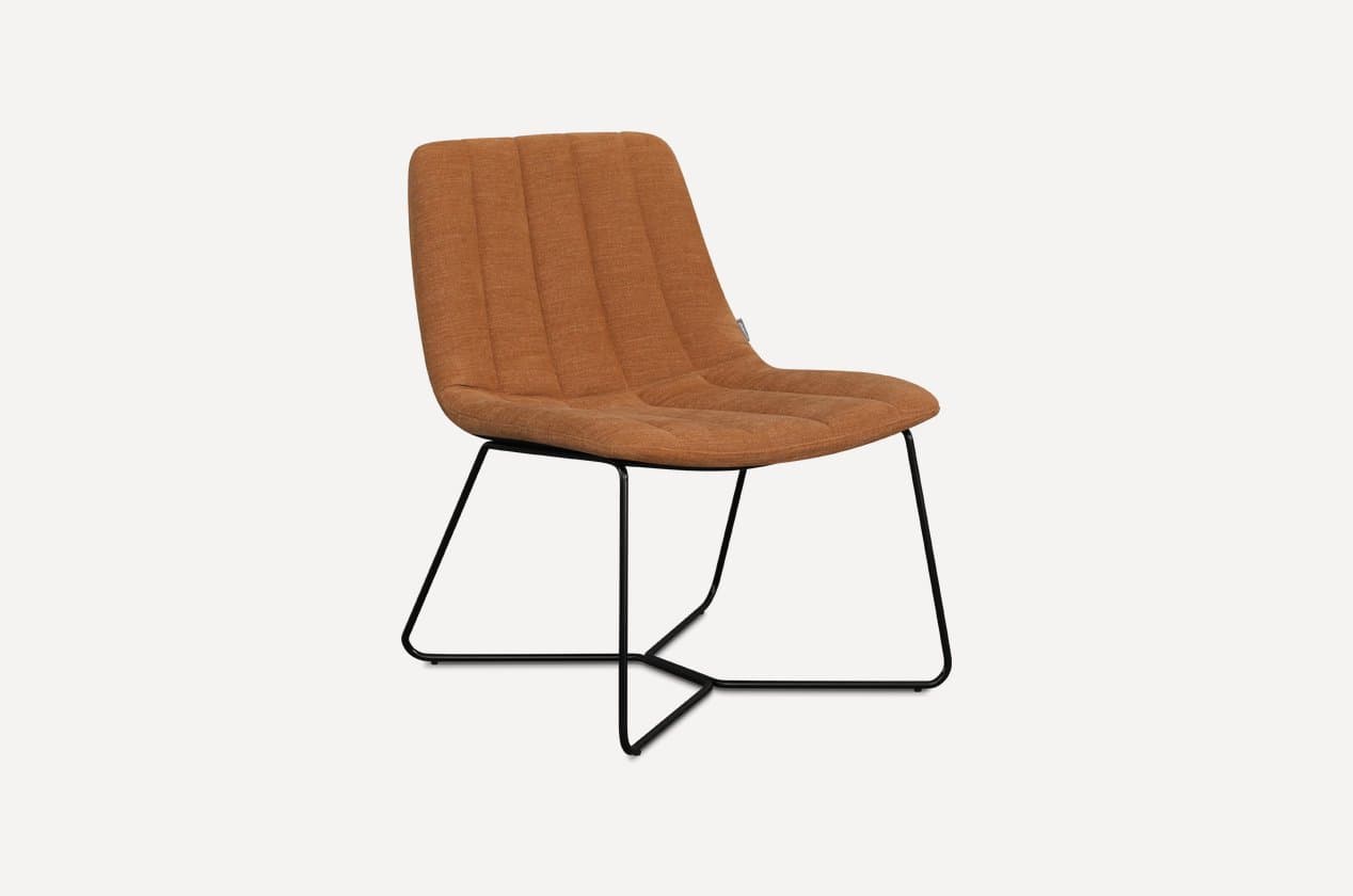 A contemporary chair with a seat and backrest upholstered in a textured orange fabric. The backrest features vertical stitching, and the seat has subtle tufting. The chair is supported by a slender, black metal base with a geometric, criss-cross design. — 3D model