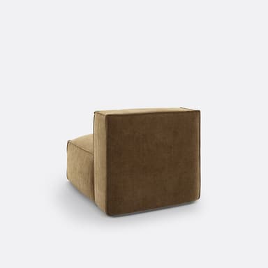 A single-seat armchair with a low profile and upholstered in a brown, corduroy-like fabric. It features a square seat and a straight, upright backrest. The design is minimalist and contemporary, with clean lines and soft cushioning. — 3D model