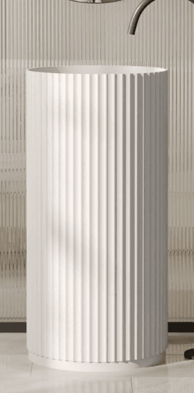 A tall, cylindrical floor planter featuring a ribbed or fluted exterior texture and a matte light grey finish. The design is simple and modern, suitable for various interior aesthetics. — 3D model