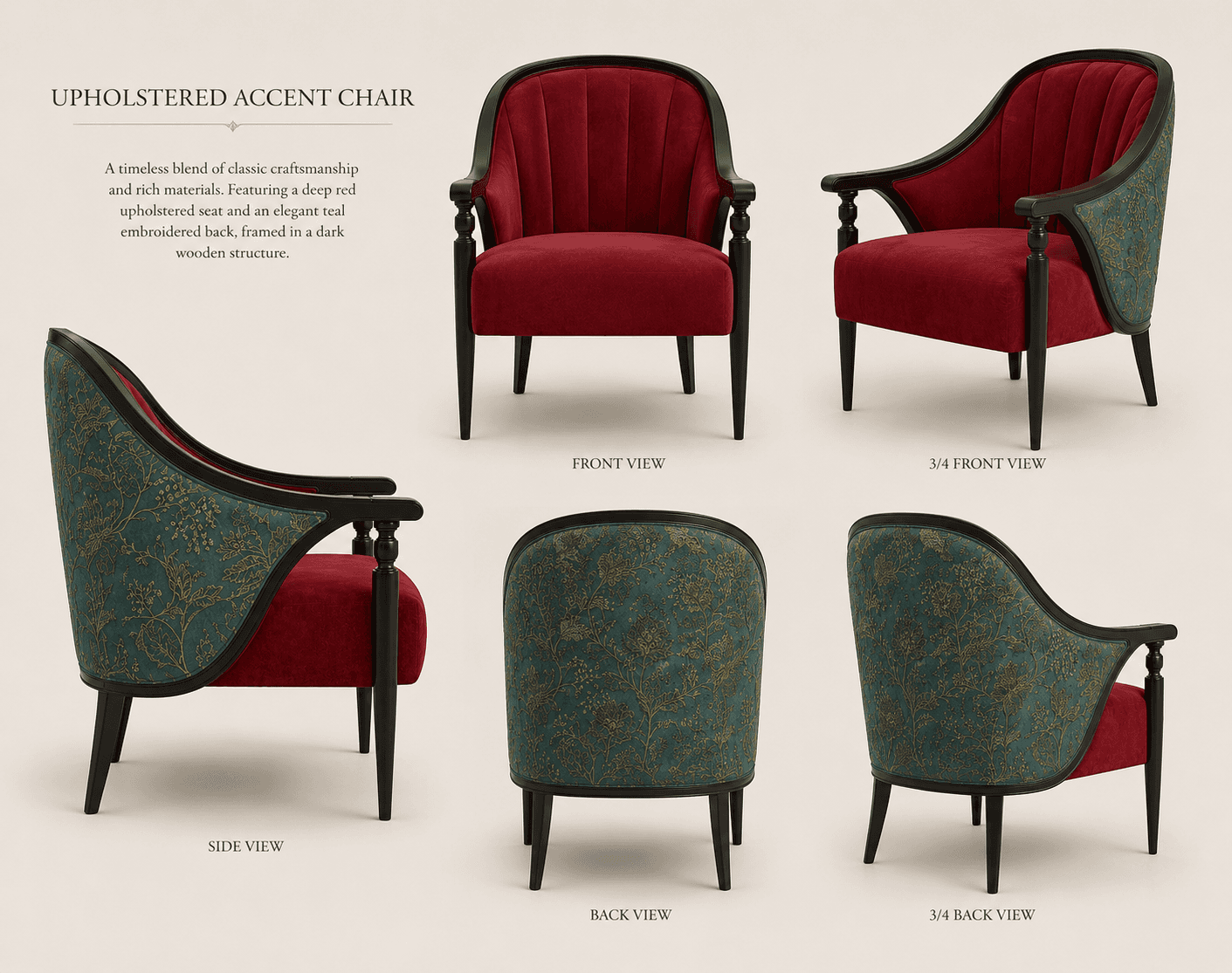 A classic barrel-back accent chair featuring a dark stained wooden frame. The interior seat and backrest are upholstered in deep red velvet, with the backrest showing channel tufting. The exterior back and sides are upholstered in an elegant teal fabric with a gold embroidered floral pattern. The chair has rounded armrests with turned detailing and tapered legs, exuding a timeless and sophisticated aesthetic suitable for various interior settings. — 3D model