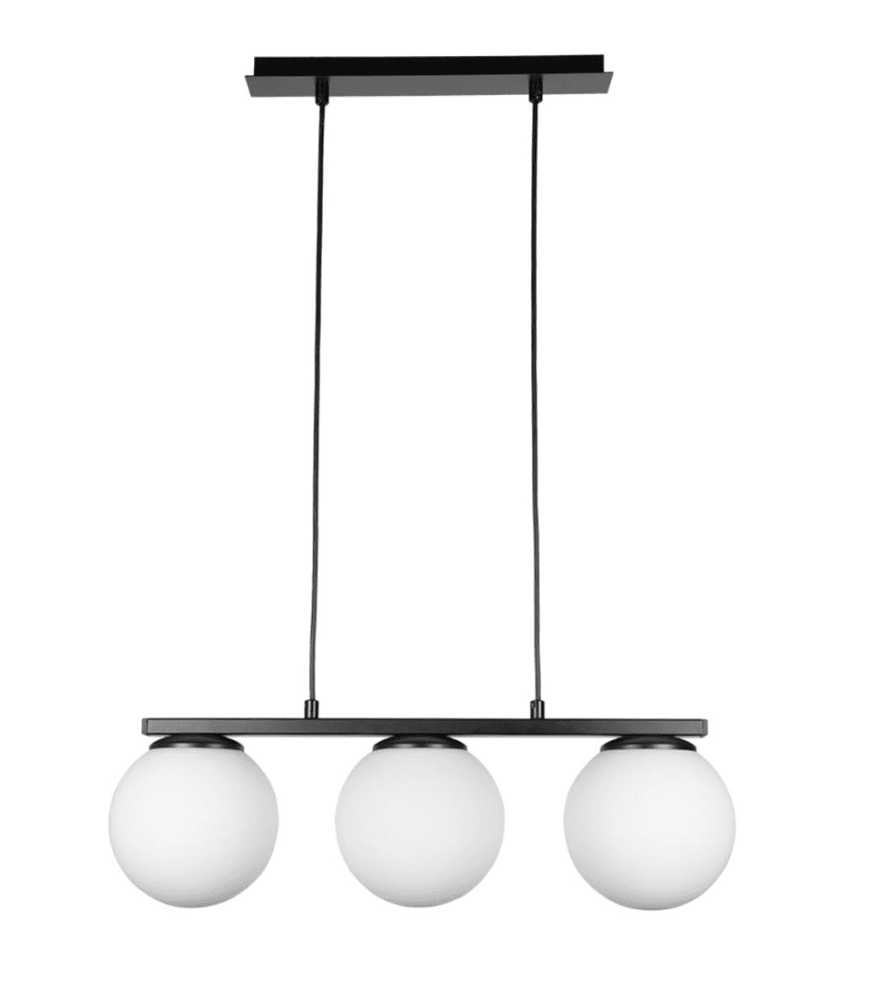 A modern linear pendant light fixture featuring a matte black rectangular canopy, two suspension rods, and a horizontal bar from which three spherical opal glass shades are suspended. — 3D model