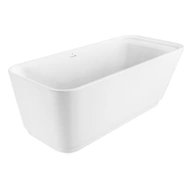 A freestanding bathtub with a modern, minimalist design. The tub has a rectangular opening with softly rounded corners and trapezoidal sides that taper outwards towards the base. The exterior presents a clean, seamless finish. — 3D model