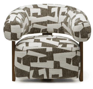 A contemporary barrel-shaped ottoman featuring a distinctive two-tiered upholstered design. The top cushion is a rounded cylinder, and the lower section is a matching upholstered drum, both covered in a durable woven fabric with an abstract geometric pattern in shades of brown and off-white. The two upholstered sections are separated and supported by four sturdy wooden legs with a medium brown finish. This piece functions as both extra seating and a decorative accent. — 3D model