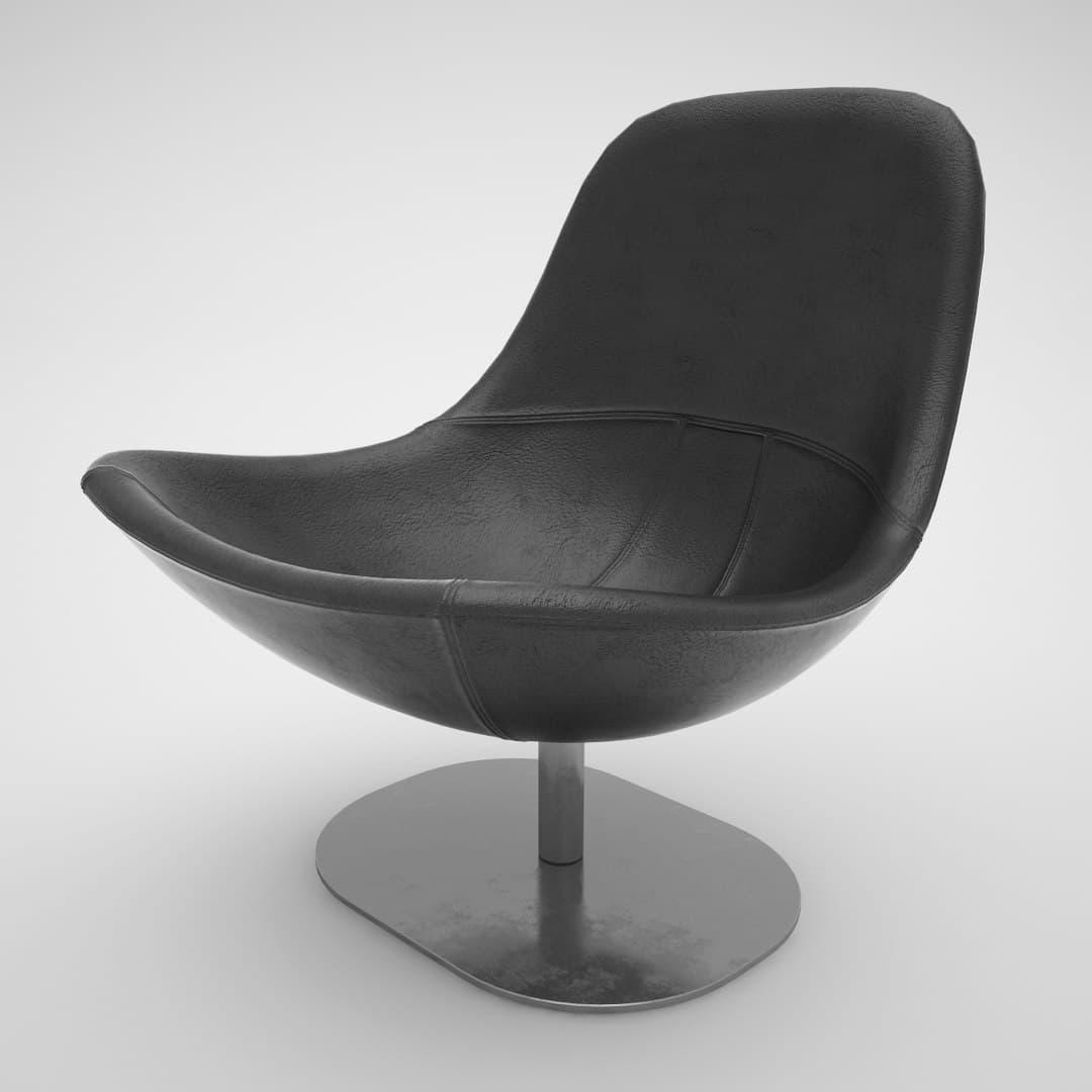 A modern lounge chair with a deep, curved seat and backrest upholstered in black material. It features stitching details on the upholstery and is supported by a central pedestal base with a flat, oval metal foot. The chair appears to be on a swivel mechanism. — 3D model
