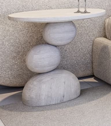 A contemporary accent table featuring a sculptural base composed of three stacked, organically shaped elements, tapering from a broader bottom piece to a narrower top element, which supports an oval tabletop. The entire piece is finished in a light, whitewashed wood tone, revealing subtle wood grain texture. — 3D model