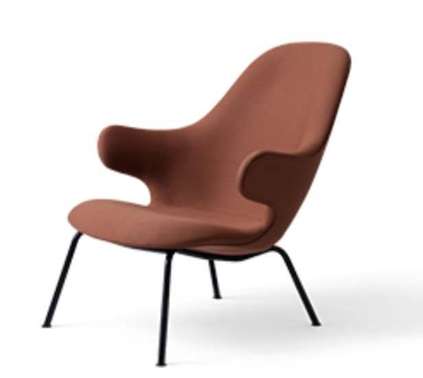 A modern lounge chair with a sculpted, organic form, upholstered in a terracotta/rust-colored fabric, supported by slender black metal legs. — 3D model