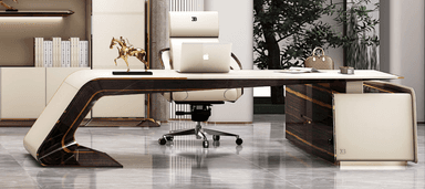 A high-end executive desk featuring a distinct asymmetrical and sculptural design. The desk is primarily constructed with a rich, dark Macassar ebony veneer that contrasts sharply with lighter, possibly lacquered or leather-clad, ivory-colored surfaces. It features a cantilevered desktop that extends from a solid support on the left, curving downwards to form a base. The right side is supported by a block-like structure that incorporates multiple integrated drawers, also finished in the contrasting dark ebony veneer with subtle hardware. The overall silhouette is characterized by elegant curves and a bold, luxurious aesthetic. — 3D model