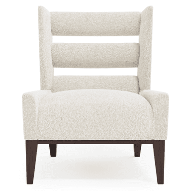 A modern armchair with a high back and a slatted design. The armchair features a cream-colored upholstered seat and back, supported by four dark wooden legs. The backrest has three horizontal slats, creating an open-weave effect. The upholstery appears to be a textured leather or leather-like material. — 3D model