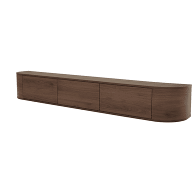 A sleek, modern floating media console crafted from dark walnut wood. It features an elongated, rectangular form with gracefully curved end panels, giving it a smooth, continuous appearance. The front is comprised of three handle-less panels, likely doors, suggesting a push-to-open mechanism or hidden pulls, maintaining a minimalist aesthetic. The rich, dark wood grain is visible across its surfaces. — 3D model