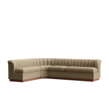 A beige L-shaped sectional sofa featuring vertical channel tufting on its backrest and arms, supported by a continuous, dark wood plinth base. The sofa is composed of modular sections, including a chaise element on the left side. — 3D model