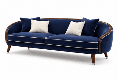 A mid-century modern-inspired sofa upholstered in a deep navy blue velvet fabric. It features a gently curved wooden frame, particularly noticeable at the arms and backrest, with a polished wood finish. The sofa is accented with white piping along the edges of the seat cushions, arms, and back. It includes two seat cushions and two back cushions, with two decorative throw pillows placed on top. The sofa is supported by four tapered wooden legs with metal caps at the feet. — 3D model
