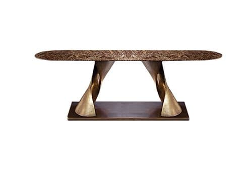 An oval-shaped console table featuring a textured, mottled brown tabletop, likely made of marble or a similar natural stone. The top is supported by two distinct, sculptural twisted bases made from a polished metallic material, appearing to be brass or bronze. These two twisted columns are anchored to a rectangular plinth base, also in a matching metallic finish. — 3D model