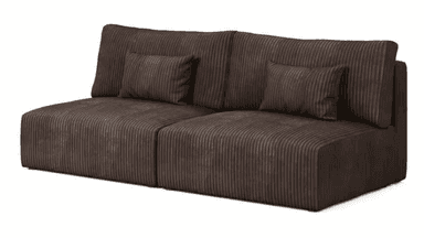 A contemporary modular two-seater sofa featuring dark brown corduroy upholstery. The sofa consists of two individual, armless seat modules joined together, each with a separate backrest cushion and a small rectangular throw pillow. The design is low-profile and has a distinct ribbed texture characteristic of corduroy fabric. — 3D model