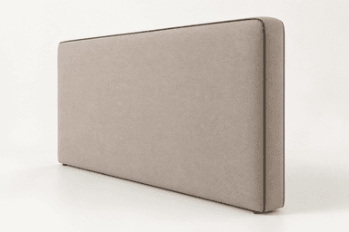 A rectangular upholstered headboard in a light beige fabric with subtle dark piping along its rounded edges and small integrated feet. — 3D model