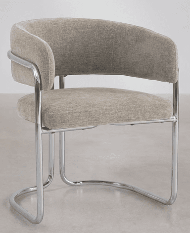 A modern armchair with a tubular chrome frame and upholstered seat and back. The frame consists of bent chrome tubes forming the legs, armrests, and supporting structure for the upholstery. The seat and backrest are upholstered in a textured, neutral-toned fabric. — 3D model