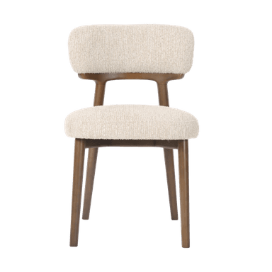 A back view of a chair with a curved backrest and a cushioned seat. The chair features a wooden frame with tapered legs and a distinctive cutout detail on the backrest where it meets the frame. — 3D model
