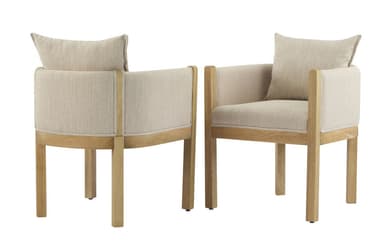 A contemporary armchair featuring an exposed light wood frame, complemented by a light beige upholstered seat cushion and a matching back cushion. The design is characterized by clean, straight lines, square armrests, and sturdy legs. — 3D model